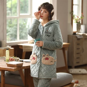 

High Quality Women Clip Cotton Pajamas Set Thick Warm Long Sleeve Casual Soft Sweet Female Sleepwear Home Clothing