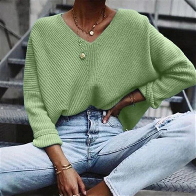 

2020 Fall Winter Newd Diagonal Stripe Top Women Minimalist V-neck Casual Oversize Solid Color Sweaters For Female Knit Pullover