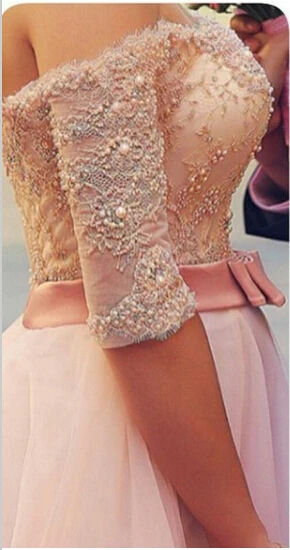 Vestido de noiva Выходные туфли на выпускной элегантное платье с открытыми плечами; отделка: кружево, "Жемчуг Бусины Длинные вечерние платья с коротким рукавом нарядные платья
