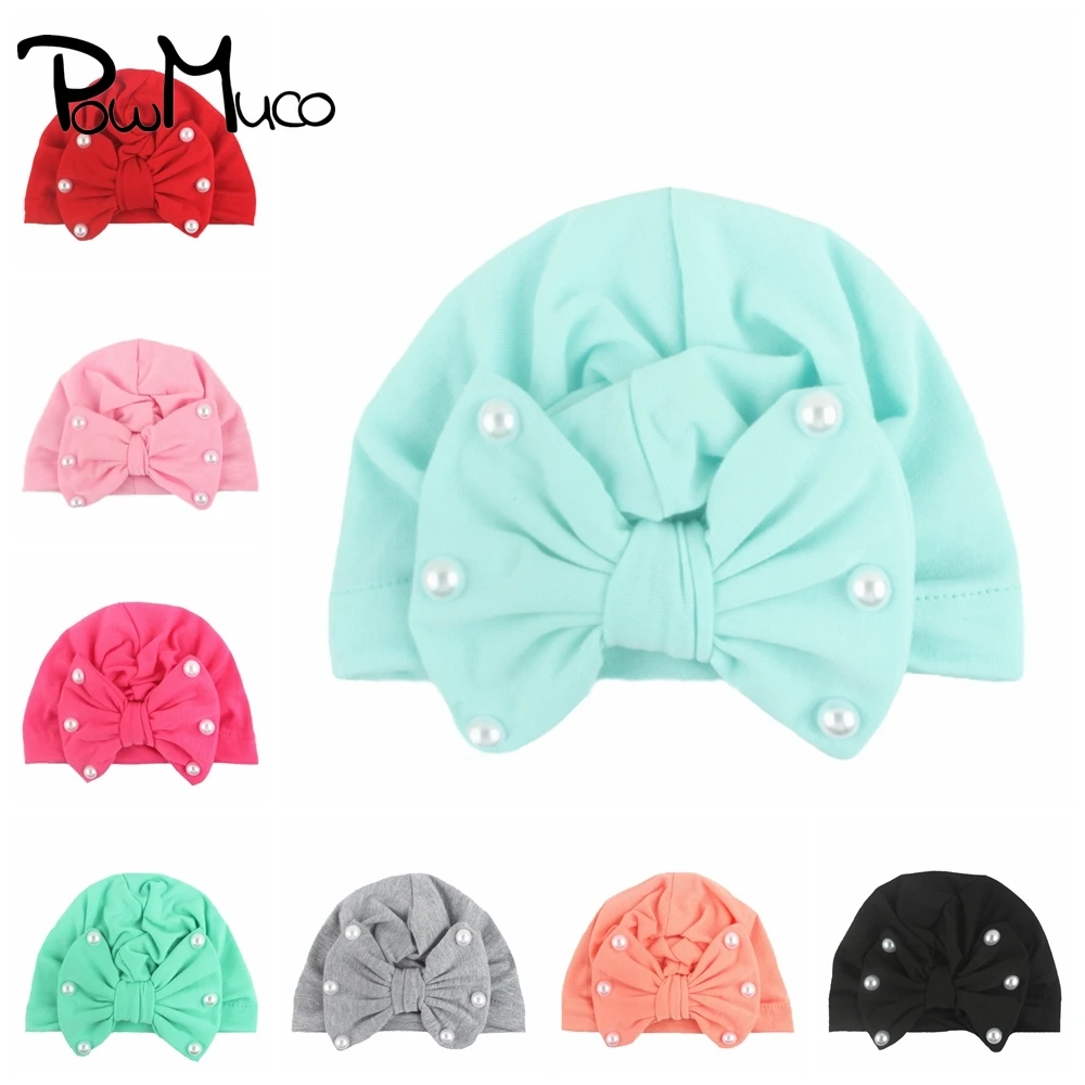 

Powmuco 14 CM Solid Color Handmade Bows Infant Hats Fashion Soft Knitting Cotton Newborn Caps Baby Headwear Photography Props