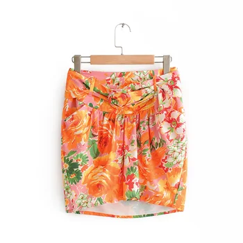 

Women mini skirts orange flower printed side invisible zipper Empire pencil belt free SML pockets drop shipping