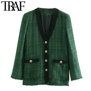 

TRAF Women Fashion Patchwork Frayed Tweed Jacket Coat Vintage V Neck Long Sleeve Pockets Female Outerwear Chic Tops