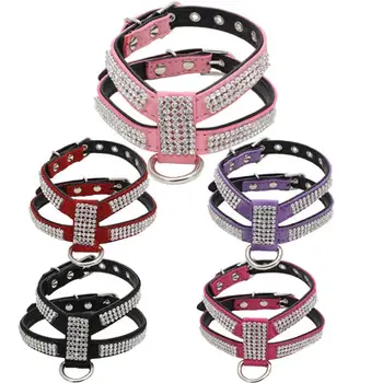 

Adjustable Harness Dog Leather Shiny Crystal Chest Strap Collar Pet Anti-Lost harnesses Leash Pet Supplies for Outdoor Walking