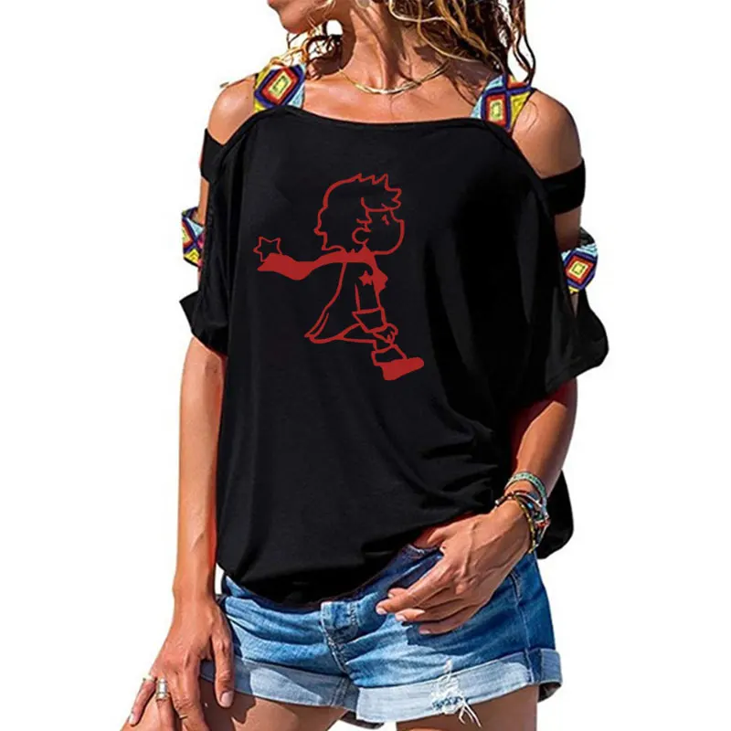 Женская футболка с коротким рукавом и милым маленьким принцем, летняя модная одежда, Женская Сексуальная футболка с открытыми плечами - Цвет: 2