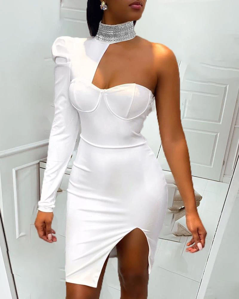

2020 Women Elegant Fashion Sexy Party Dress Female Stylish White Mini Dresses One Shoulder Slit Sequins Bodycon Dress