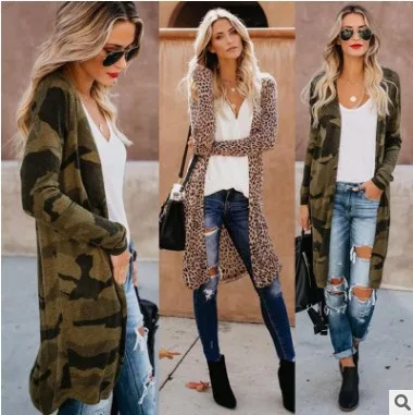 

European and American Fashion Camouflage Cardigan Women Long Coat Jacket