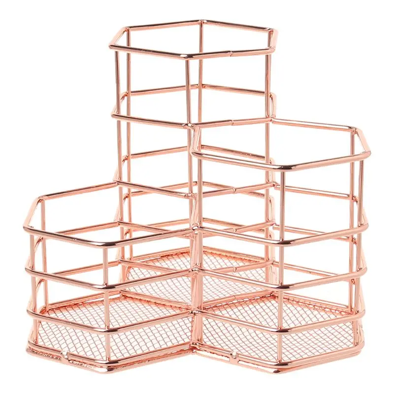 

Nordic Style Makeup Storage Box Hexagon Shape Brush Pen Pencil Holder Basket Desktop Organizer Iron Storage Container Box