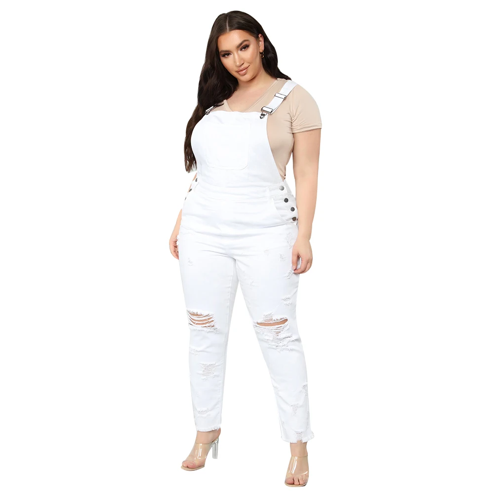 5XL Elegant White Jeans Jumpsuit Plus Size Women Ripped Hole Overalls ...