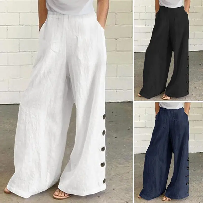 

VONDA Women Pants Casual Elastic Waist Wide Leg Long Trousers Plus Size Loose Palazzo Pants Femme Streetwears S-5XL Pantalones