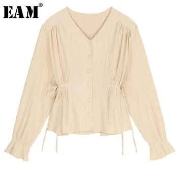 

[EAM] Women Bandage Pleated Bg Size Blouse New V-collar Long Sleeve Loose Fit Shirt Fashion Tide Spring Autumn 2020 1S143