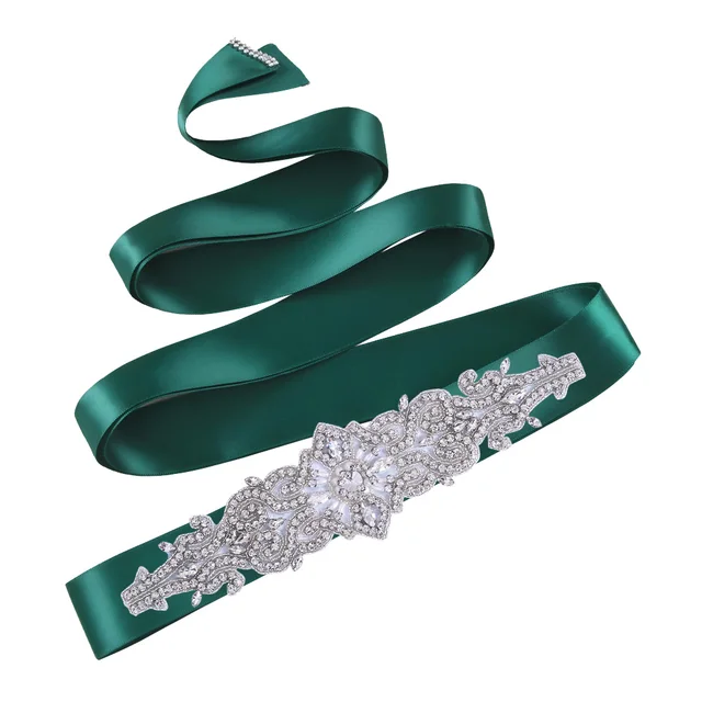 TOPQUEEN S26 Luxury Rhinestones Wedding Dresses Belt Women Crystal Belts for Bride Wedding Waistband Jewel Belts Bridal Sashes Dark Green ribbon