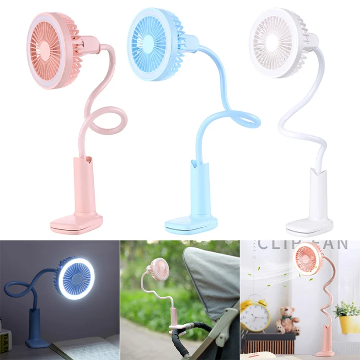 Portable Clip-on Stroller Fan LED Lamp USB Rechargeable Bendable Office Mini Fan TN88