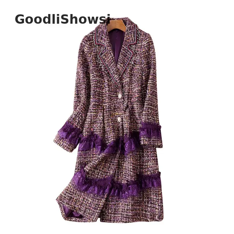 GoodliShowsi, Зимние Модные женские твидовые пальто, кружевные лоскутные однобортные пальто с отворотом, трендовая верхняя одежда