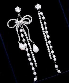 

fashion low pirce high quality diamond crystal Asymmetrical pearl tassel End-customized 925 silver lady's earings 34mm