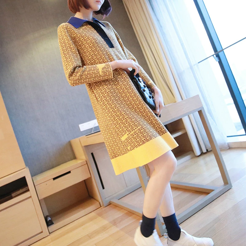 

M-XXL Plus Size Print Striped Knitted Sweater Yellow Dress Women Turn Down Collar Rainbow Dress Women Winter Fall Dress Ladies