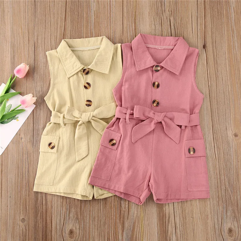 

New Summer Kids Baby Girl Button Sashes Romper Casual Lapel Clothes Children Girls Jumpsuit Sleeveless Overalls Outfits 1-5Y New