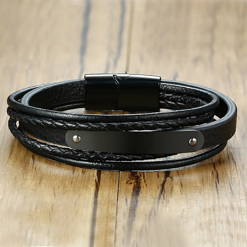 

ZG Trendy Multilayer Genuine Leather Bracelet For Men Jewelry Stainless Steel Bracelet Punk Braid Black Chain Magnetic