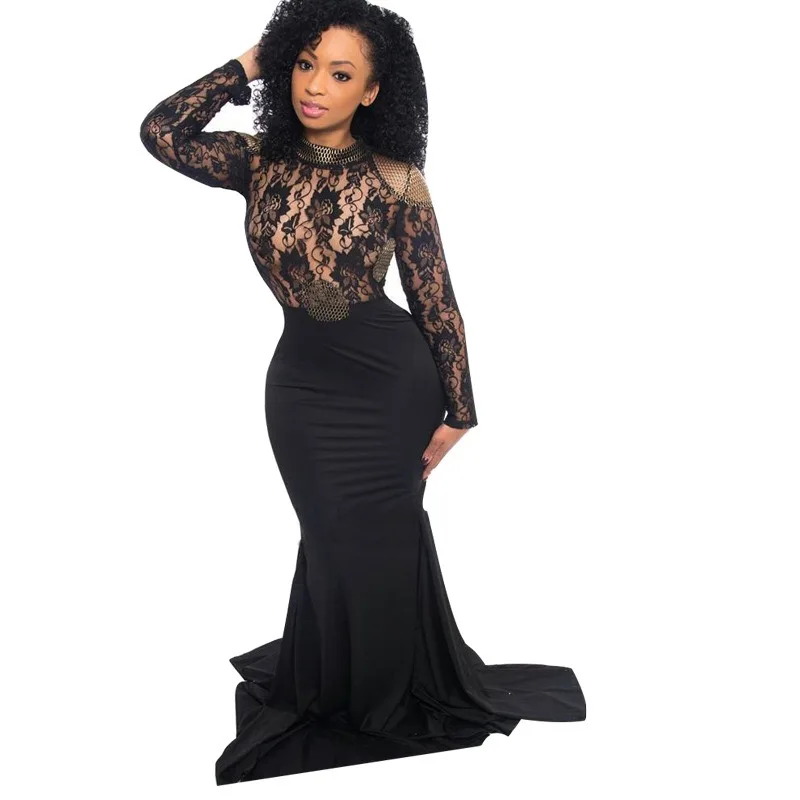 

Women Sexy Black Lace Dress Backless Bodycon Mermaid Fishtail Floor Length Long Sleeve Autumn Fall Evening Party Night Club Wear