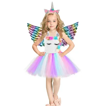 

Mesh Cosplay Unicorn Tutu Princess Dress for Girls Can Add Headwear Unicorn wings Halloween Cosplay Costume for Birthday Party