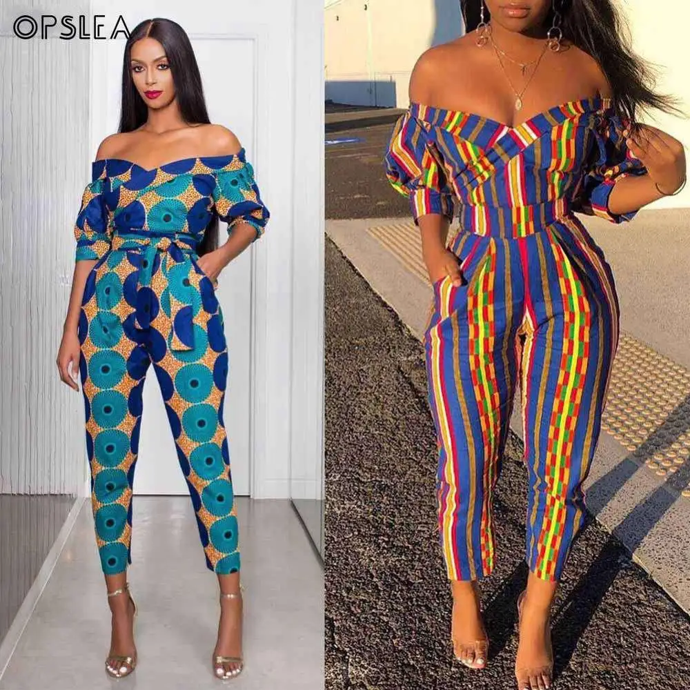 

Opslea African Women Sexy One Shoulder Jumpsuit Dashiki 2019 Autumn Ethnic Print Lantern Sleeve Clothes Slim Waist Belt Bodysuit