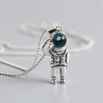 

Retro Vintage Authentic 925 Sterling silver Stereo Astronauts in space Pendants Beads Ball Chain necklace Hip Hop Jewelry CX5