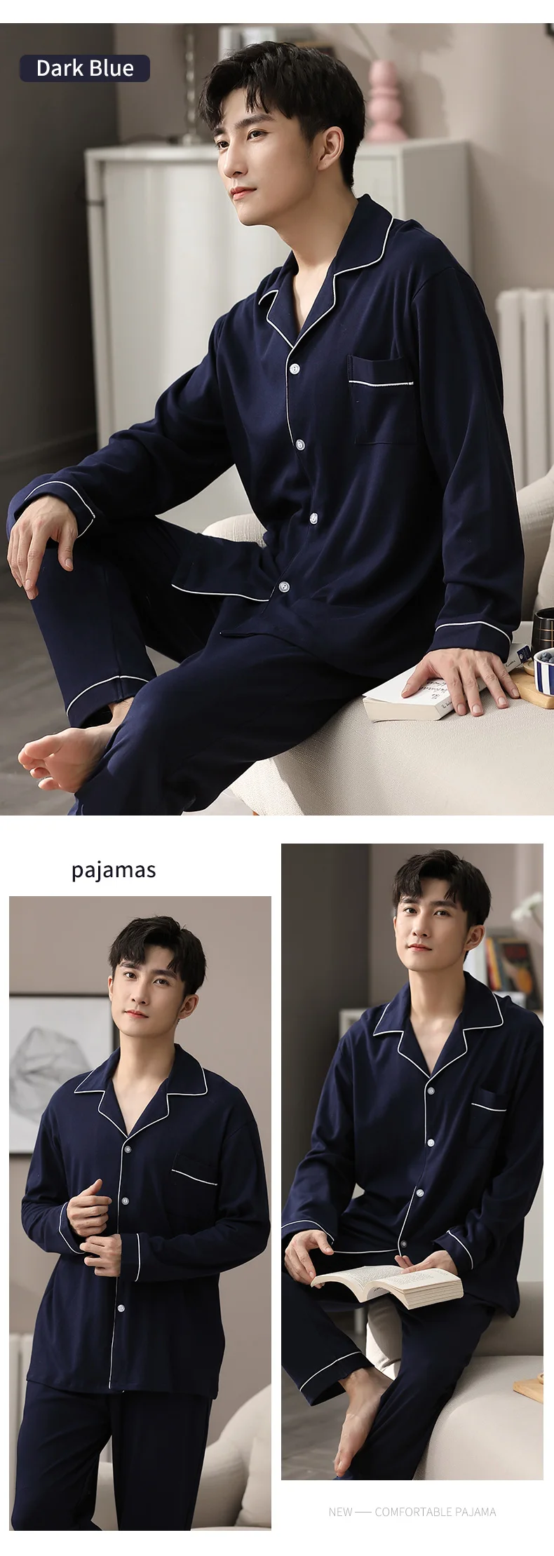 Autumn Winter 100% Cotton Pijama for Men Dormir Lounge Sleepwear Pyjamas Blue Bedgown Home Clothes Man Bedroom PJ Cotton Pajamas mens pj short set