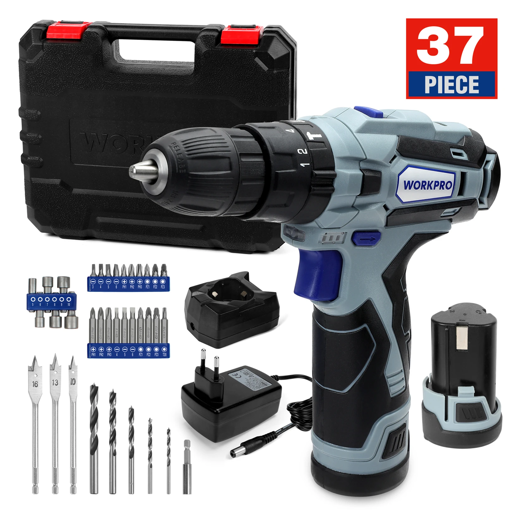 Workpro 12v Cordless Drill Driver Kit Combi Drill With 2 Liion