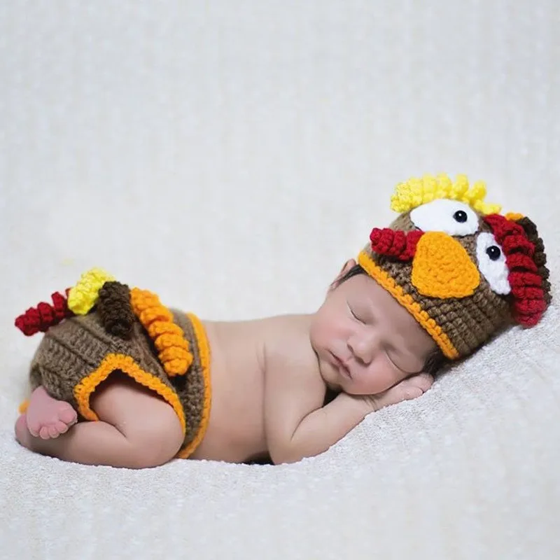 Funny Cute Cartoon Animals Turkey Baby Clothes Newborn Photography Props Crochet Knit Infant Clothing Set DIY Photo Shoot Props (2)