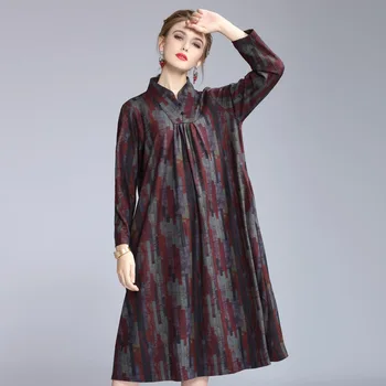 

Long Sleeve Dress Women 2019 Autumn Winter Fashion National Style Retro Elegant Stand Collar Design Abstract Print Loose Dress