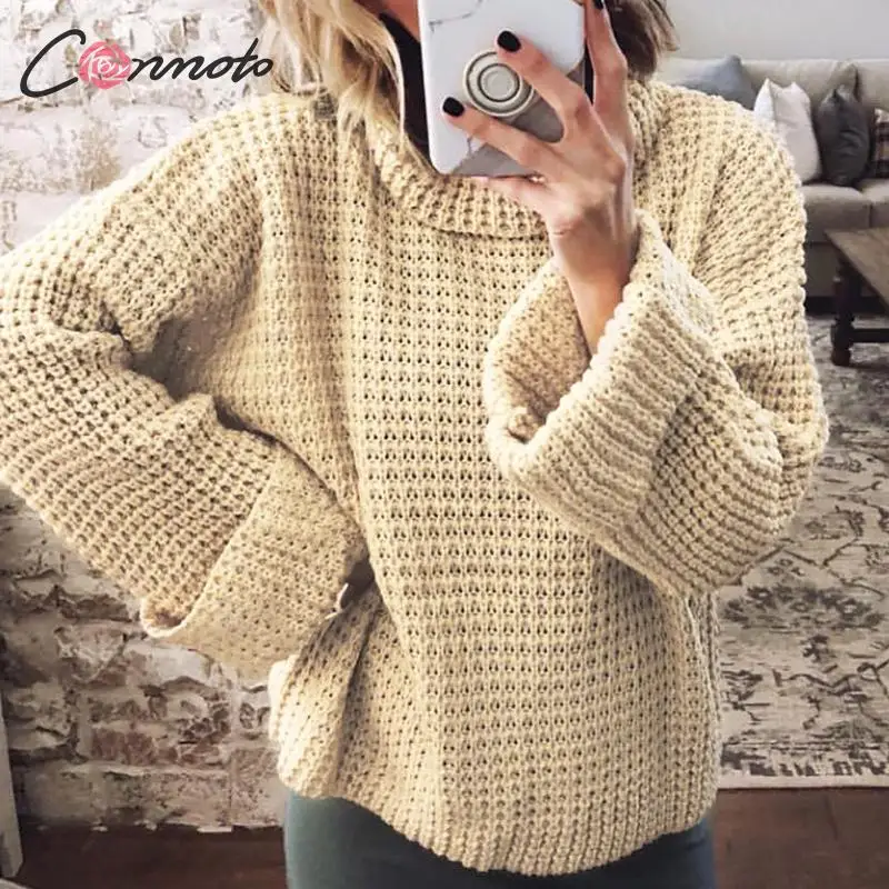 

Comnoto Women Solid Turtleneck Sweater Female Fashion Bell Sleeve Solid Color Pullovers Ladies Knitted Jumpers Tops Plus Size
