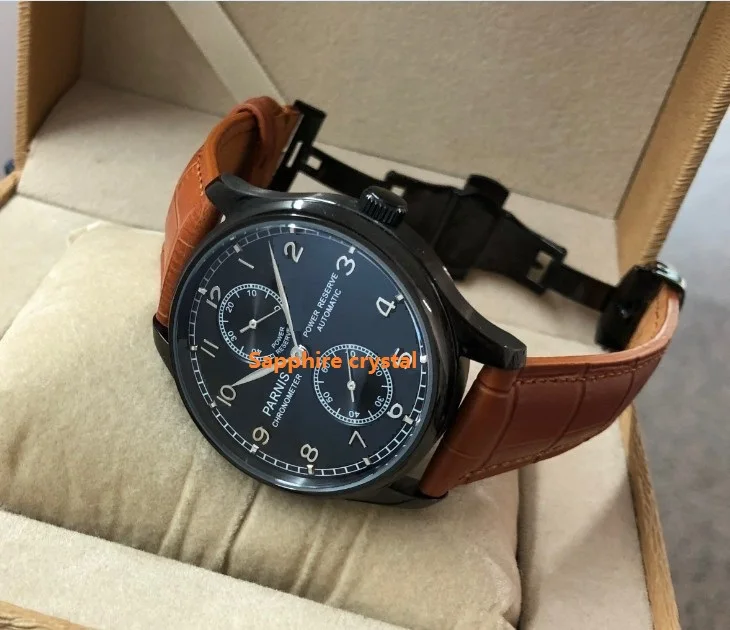

Sapphire crystal 43mm PARNIS power reserve Automatic Mechanical movement Black dial PVD case butterfly buckle men's watch P201