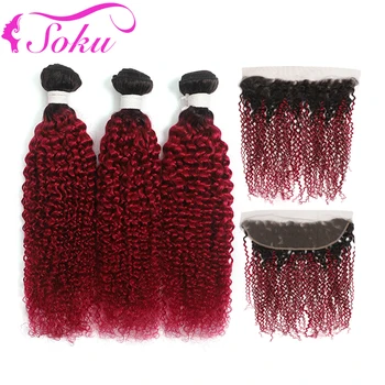 

T1B/99J Kinky Curly Human Hair Bundles With Frontal SOKU Brazilian Curly Hair Bundles With Closure Non-Remy Hair Weave Extension