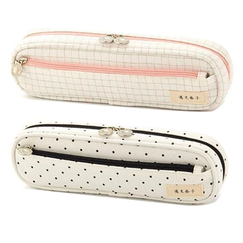 

ANGOO Canvas Pencil Case Solid Color Large Capacity Pencil Box Cute Pen Bag School Supplies Gifts Stationery Girls-Lattice