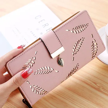 

Leather Wallets And Purses Women Leaf Hollow Out Long Wallet Phone Bag Card Holder Coin Pocket Clutch Purses Money Bags Carteira