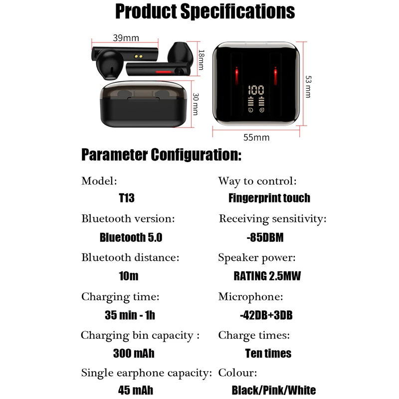 New T13 Smart Wireless Bluetooth Earphones Bass Noise-Cancel TWS Headsets LCD Power Display with Touch In-Ear Earbuds