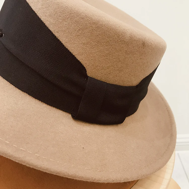 01909-yuan Зимняя шерстяная Женская Шляпа Fedora на плоской подошве с бантом женская шляпа для отдыха Панама