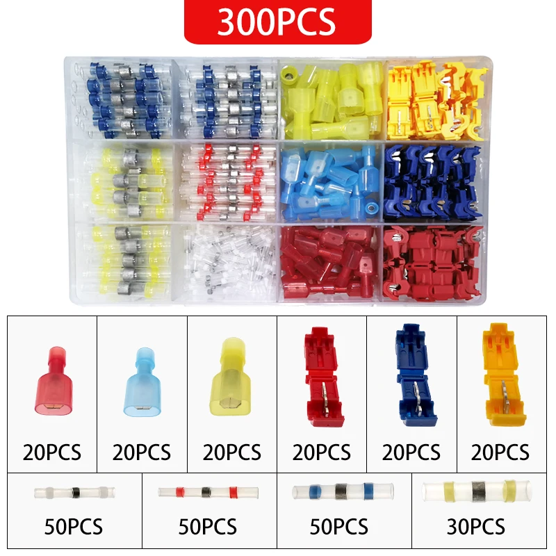 

120pcs T-clamp connector + 180pcs heat shrinkable waterproof wire connector combination boxed.