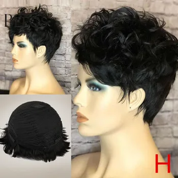 

Beeos Pixie Perruque Courte Wave perruques sans colle avec frange cheveux brésiliens pour femmes perruques faites à la machine