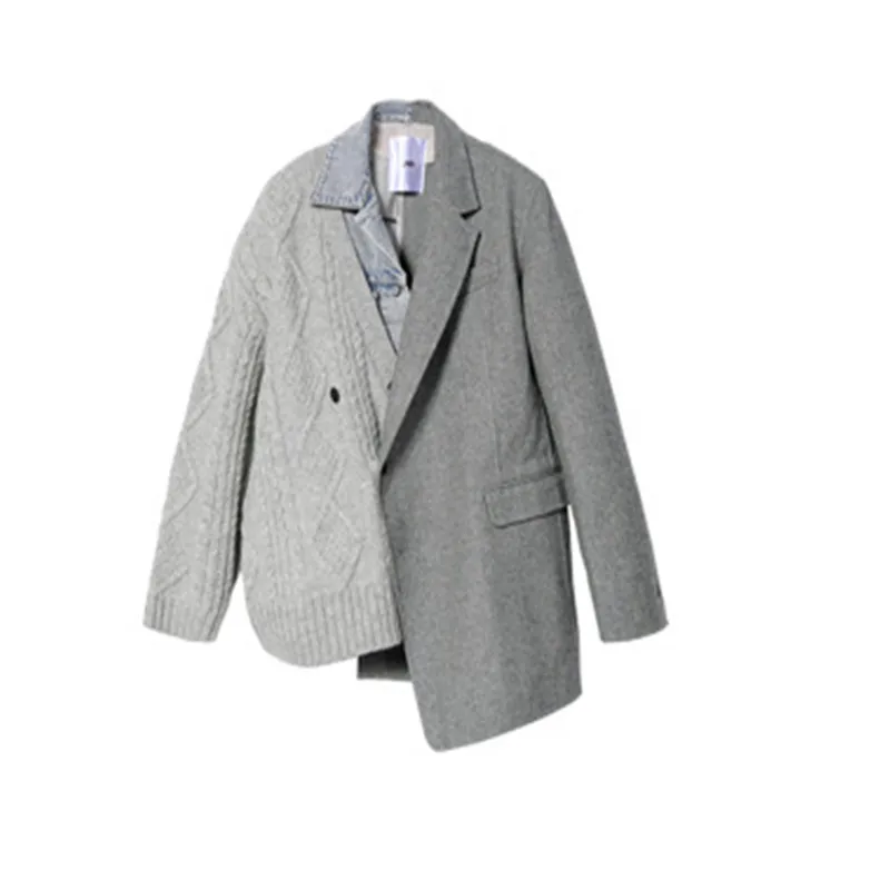 

2021 new woolen suit women's fashion commuter suit collar casual stitching straight long-sleeved contrast color suit
