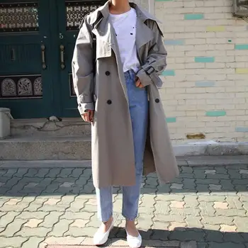 

Women Russian Style Double-Breasted Trench Coats Casual Grey Khaki Color Windbreaker Oversize Elegant Long Coat