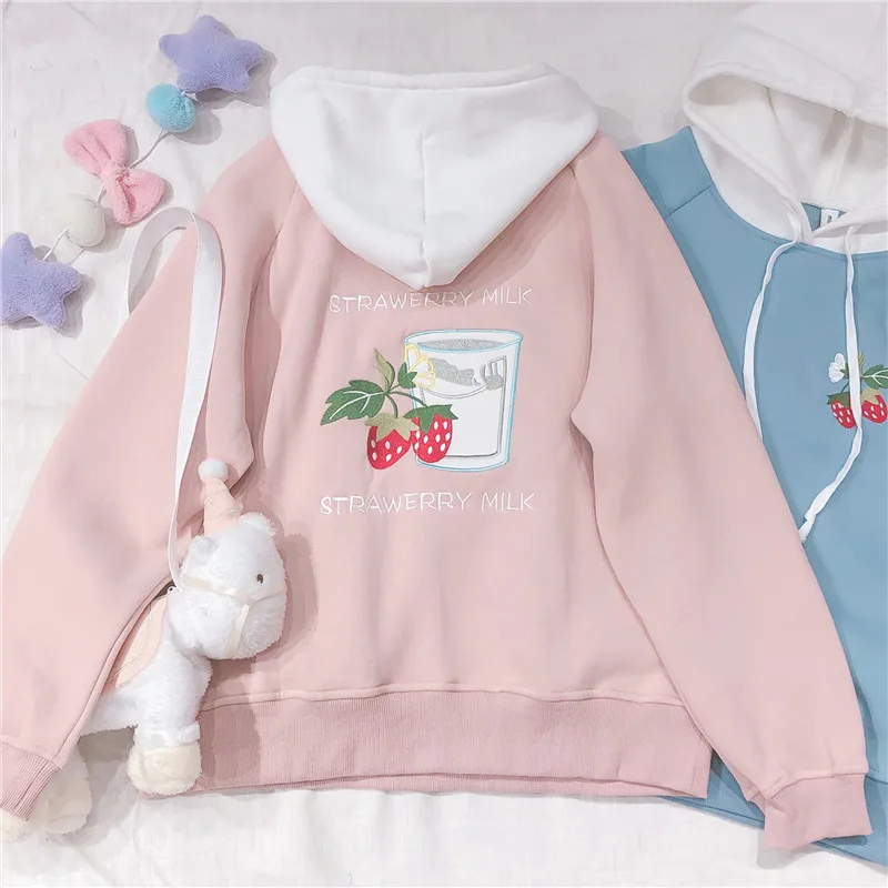 Pink Kawaii, маленький, свежий, мягкий, милый, с вышивкой клубники, свитер, пуловер, комбинированный цвет, плюс бархат, для студентов, свободный, с капюшоном, топы - Цвет: Pink