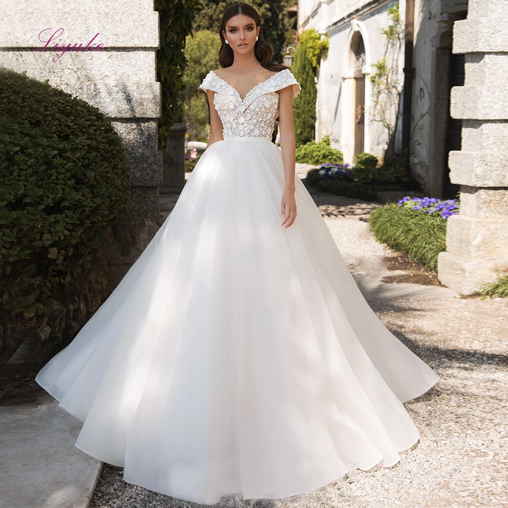 

Liyuke 2019 New Ball Gown Wedding Dress O-Neck Lace Beading Appliques Off-the-shoulder Backless Customer Made Size Floor- length