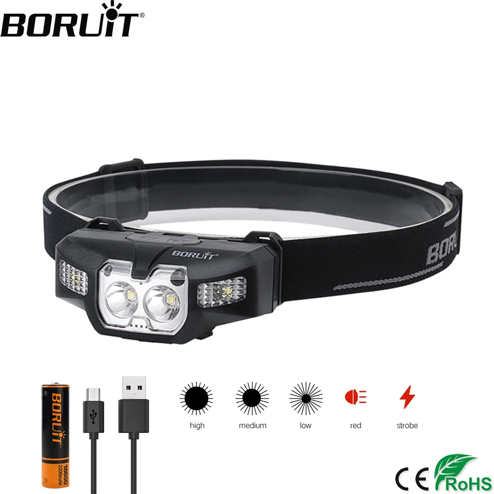 BORUiT B30 светодиодный ИК движения Сенсор налобный мини-фонарь 2 * XP-G2 + 2*3030 красный свет 5-режим фар Перезаряжаемые налобный фонарь охотничий