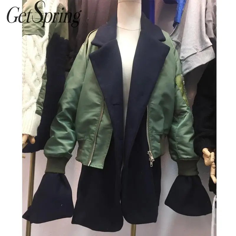 

GetSpring Women Coat Patchwork Flare Sleeve Stitching Long Coat Irregular Women Jacket Fake Two Long Womens Outerwear Autumn New