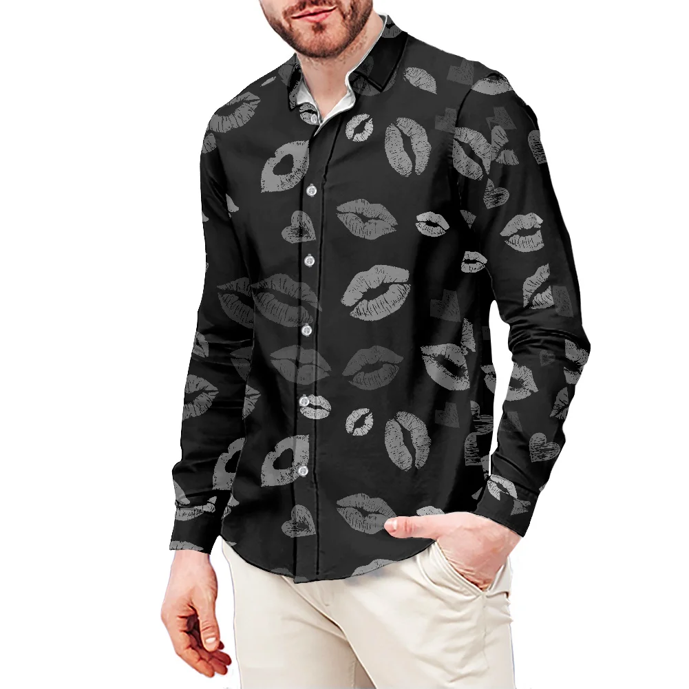 

Мужская рубашка с длинным рукавом, с принтом губ