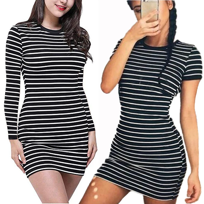 

Enough Stock Summer autumn Round Neck long Short sleeved Dress Black And White Striped Dresses Casual Elegant Sheath Slim Dress