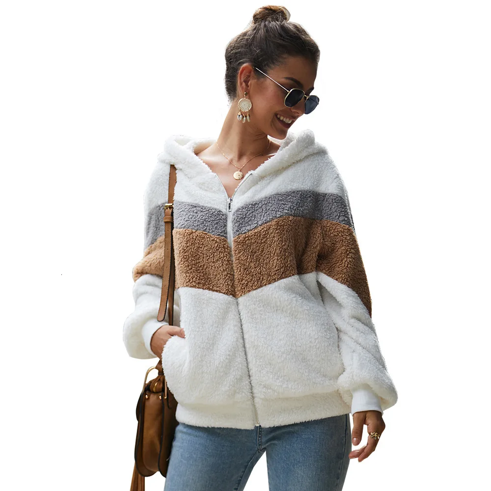 

Hot Selling Fall and Winter 2019 Long Sleeve Spliced Wool Coat Cap Loose Guard Clothes hoodies manteau femme hiver