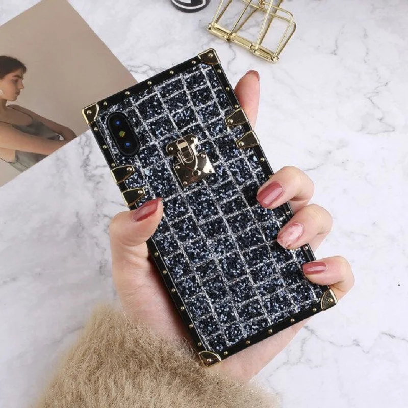 Glitter Metal Square Case for iPhone 8 7 6s Plus X XR XS Max Plaid Shiny Powder For Samsung Galaxy S8 S9 S10 Plus Note 8 9 Cover (9)