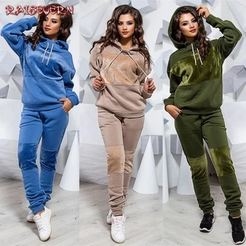 

RAISEVERN 2019 Fashion Autumn Winter Tracksuit Women Hoodies Sweatshirts+ Long Pants Two Piece Set Outfits Pathwork Warm Mujer