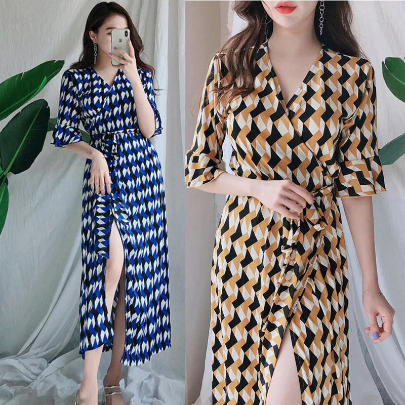 

Hot Selling WOMEN'S Dress-Style Elegant V-neck Wrap Lace-up Bell Sleeve Printed Dress